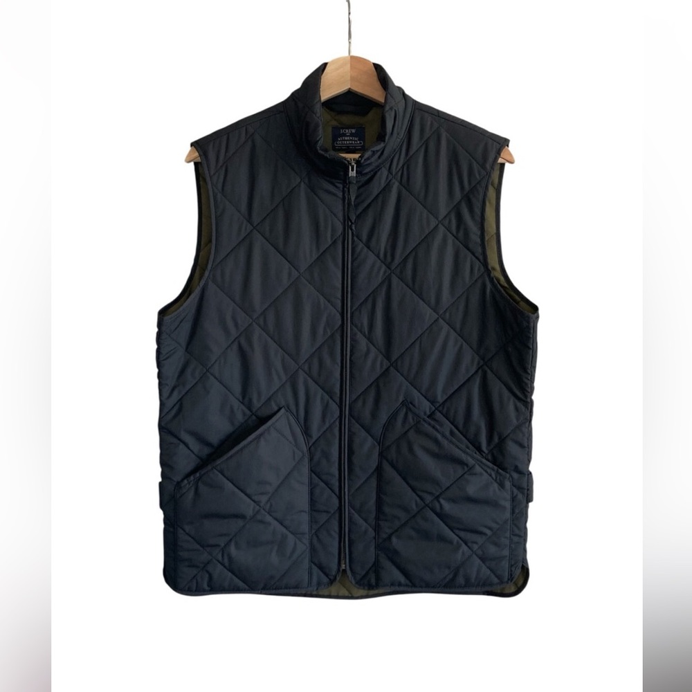 J Crew Mercantile Walker Mens Vest Quilted Black with Olive Green Lining